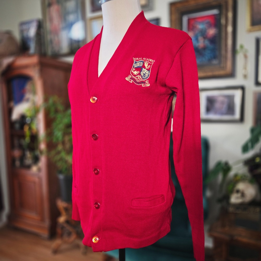 A+ Doral Academy Cardigan Red Knit Youth XL School Uniform Sweater Dark Academia